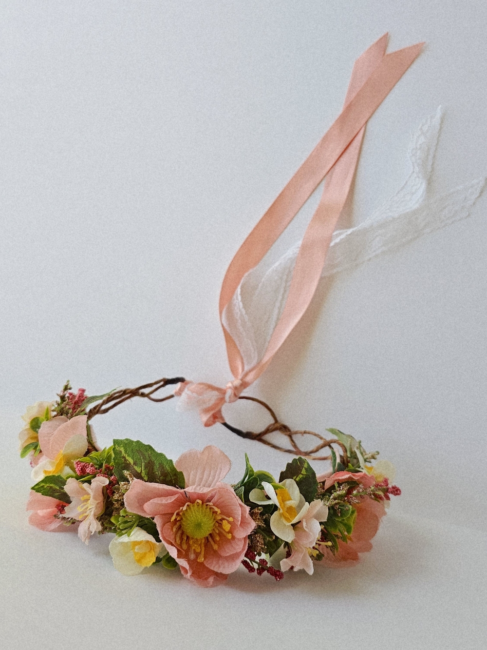 I Heart Bella Bows Peach Pink Green Floral Crown Headband Headpiece Ribbon Ties